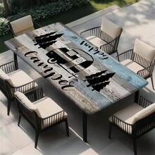 1件装快乐露营野餐图案弹力桌布，户外露营和庭院必备，长方形桌布，印有露营者和自然图案，耐用桌布，野餐桌罩 - A - 查看 11