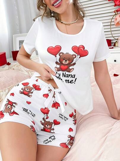 2pcs/Set White Printed Short Sleeve Top And Shorts Pajamas For Women