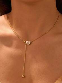 1pc 18K Gold Plated Stainless Steel Mother Of Pearl Heart Pendant Y-Necklace, Elegant Gift Jewelry For Women, Valentine's Day - Yellow Gold - View 1