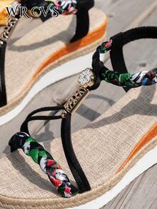 WRCVS Sandalias con correa tejida, sandalias de plataforma de verano con suela gruesa, zapatos tejidos hechos a mano con cuentas, sandalias ligeras para vacaciones, zapatos de estilo bohemio con aumento de altura, sandalias al aire libre con patrón aleatorio, sandalias de cuña - Negro - Ver 8