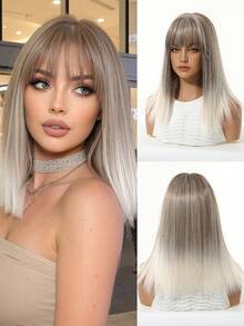 14英寸渐变棕色至金色层次刘海中长直发合成编织假发，适合女性，可用于节日、派对、角色扮演、日常佩戴、万圣节、圣诞节、新年、音乐节等场合，是送给女孩的绝佳礼物，毕业季适用，可直接作为礼物赠送，万圣节和圣诞节必备。 - 漸變金色 - 查看 10