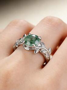 1枚可调节天然苔藓玛瑙戒指，欧式四爪镶嵌设计，奢华海洋风珠宝，适合作为礼物送给女友、闺蜜，也适合情人节、母亲节以及日常佩戴。 - 銀色 - 查看 2