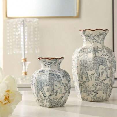 Bình gốm sứ men lam trắng cao cấp kiểu Trung Quốc, đồ trang trí nhà cửa cổ điển, bình trồng cây thủy canh để cắm hoa tươi trong phòng khách.