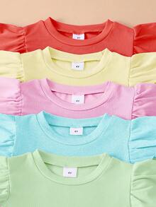 10pcs/Set Girls' Casual Solid Color Knit Fabric Top Paired With Versatile Solid Color Shorts Set, Spring/Summer - Multicolor - View 4