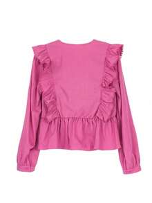 ii Plus Size Casual Solid Color Lace Patchwork Ruffle Trim Long Sleeve Top Spring - Hot Pink - View 5