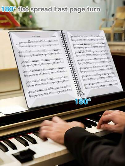 1pc A4 Black Music Score Binder, Professional A4 Music Score Binder, Double-Sided 20 Sheets/40 Pages Spiral Notebook, Non-Glare, Adjustable Insert Tabs, Suitable For Performances, Lessons, Practice, Music-Themed Design, Compatible With Triangle Piano/Keyboard, Piano, Guitar, Violin Sheet Music Storage, Ideal Professional Music Score Organizer For Performances.