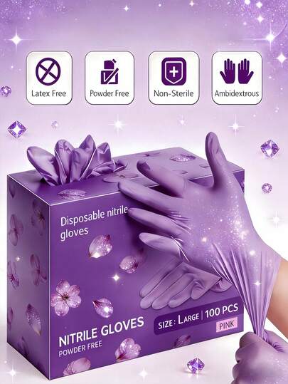 100/50 双装浅紫色防水、防油、防滑丁腈橡胶手套，适用于厨房和家居清洁，尺码有 S/M/L 可选。经久耐用，适用于家居清洁、浴室清洁、日常清洁、纹身、美容护理、染发、宠物护理、美发沙龙、婚礼、家居装饰、房间装饰、厨房用品、厨房配件、收纳、野餐、小包、雨伞和绘画（包装）等。