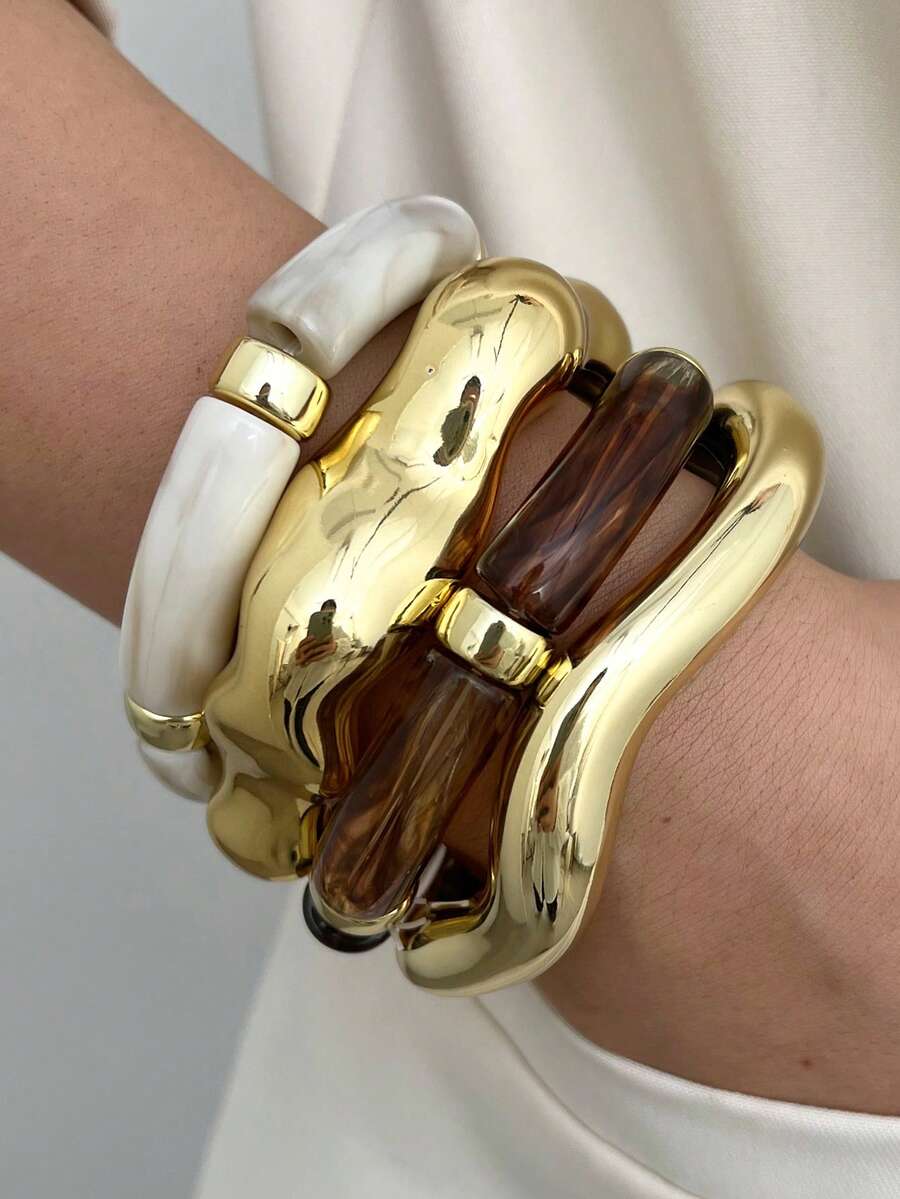 4pcs Vintage Minimalist Women's Wavy CCB & Resin Material Bangle Bracelet & Elastic Bracelet Set, Suitable For Daily Wear, Stackable, Perfect Gift Choice For Holidays - Multicolor 8 - View 1