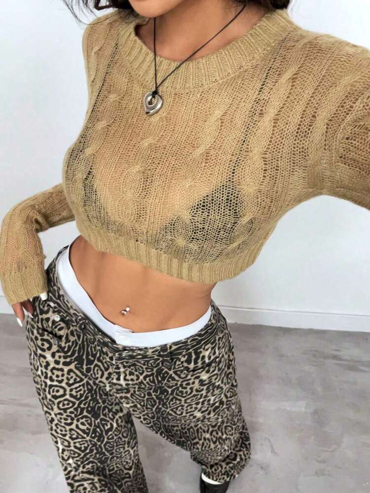 Áo len dài tay dáng lửng màu trơn (không lót), áo len chui đầu kiểu dáng thường ngày. - Màu Khaki - Xem 3