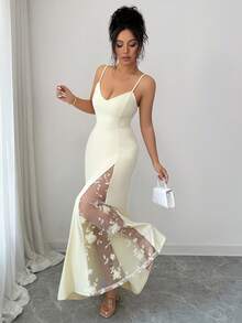Vestido Longo Lili House Feminino com Decote em V, Alças Finas, Bodycon, Renda, Fenda e Decoração Floral 3D em Amarelo Manteiga, Elegante, Romântico e Sexy para Primavera/Verão, Convidado de Casamento, Brunch, Festa no Jardim, Festa de Coquetel - Luz amarela - Visão 8