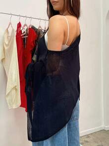 Women's Sheer Solid Color Knit Cardigan, Irregular Loose Pullover Sweater, Summer Beach Cover Up Tops - màu đen - Xem 4