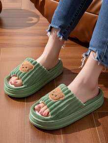 1 đôi dép đi trong nhà bằng vải lanh dệt họa tiết sọc động vật, thích hợp mang ở nhà quanh năm. - màu xanh lá - Xem 3