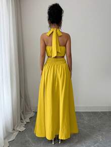 abyoxi 女士芥末黄纹理露背系带露脐上衣搭配高腰褶裥开衩长裙两件套，休闲度假、海滩、约会、日常穿着，春夏套装 - 芥末黃 - 查看 2