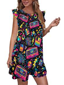 Vibrant 80s Music And Tech Pattern With Boomboxes, Headphones, And Vinyl Records Women's Summer Casual Flutter Sleeve Dresses Crew Neck Elastic Mini Dress - 彩色 - 查看 2
