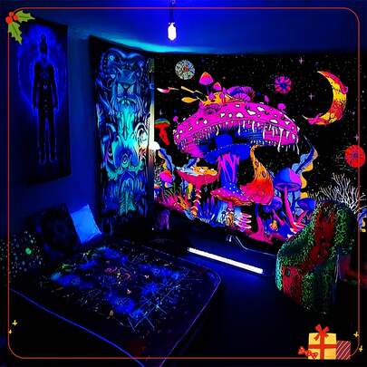 1pc Glow-In-The-Dark Colorful Mushroom Tapestry, Nature Plant Forest Space Moon Flower Pattern Mysterious Night Sky Wall Hanging Decor, Bedroom/Living Room (Glow Effect Under UV Light In Dark Environment) Gifts Birthday Graduation, No Drilling, Easy To Store, Fade Resistant, Lightweight, Machine Washable, Light Blocking, Tapestry Aesthetic, Tapestry For Teens, Bedroom Wall Decor, Living Room Wall Decor, Dorm Decor, Room Accessories, Posters For Room, Flags For Room, Custom Banner, Suitable For Men And Women