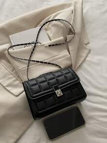 Fashionable Small Handbag For Women, New Arrival Plaid Shoulder Bag, Minimalist Chain Crossbody Square Bag - Black - View 6