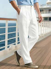 Men's Linen Casual Loose Fit Business Suit Pants, Straight Leg, Solid Color, Suitable For Spring And Autumn - White - View 3