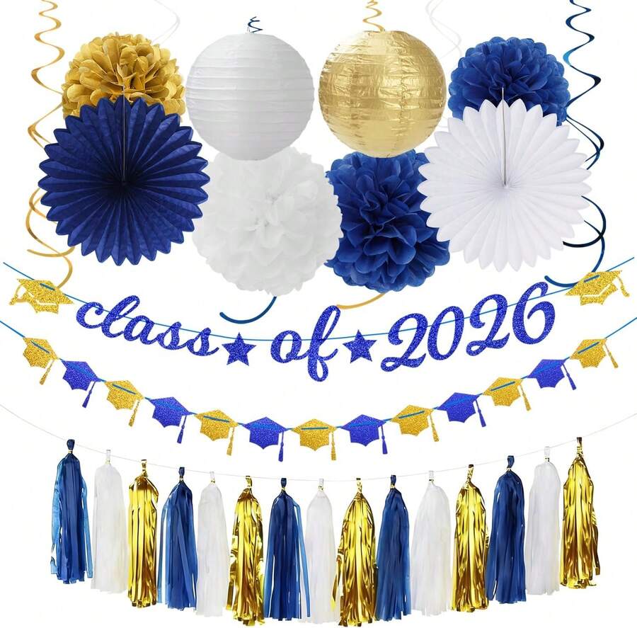 31pcs Navy Blue White Gold Graduation Party Decor Set Class 2026 Congrats Grad Banner Hat Hanging Streamers Celebration Backdrop For College High School Masters - Navy Blue White Gold Graduation - View 1