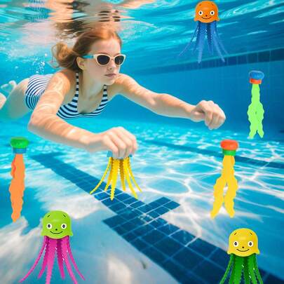 4pcs/Set Random Color PVC Squid Shaped Diving Equipment, Adult Party Game, Summer Swimming Pool Underwater Catching Toy, Educational Throwing Toy, Outdoor Swimming Pool Gift, Suitable For Halloween/Christmas/Thanksgiving