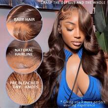 Peruca Lace Front 30 Polegadas 13x4 Upgrade Cabelo Humano Frontal Densidade 200 Bodysuit Wave Renda HD Linha do Cabelo Natural Pré-Arrancada Cor Marrom Natural 5x5 Sem Cola Use e Vá Renda Pré-Cortada Peruca Lace Front Cabelo Virgem Misturado para Mulheres - Castanho - Visão 4