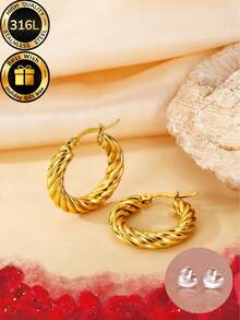 Two Pieces Set Of Simple Twisted Pattern Earrings+Thoughtful Ear Protection And Ear Care Needles, Suitable For Wearing New Ear Holes And Various Occasions And Festivals Such As Parties, Anniversaries, Birthdays, Etc., Equipped With High-Quality And Exquisite Gift Boxes - Gold - View 5