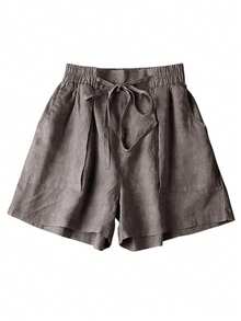 Women's Casual Linen Elastic Waist Pocket Shorts, Suitable For Spring And Summer Vacation - Dark Grey - View 3