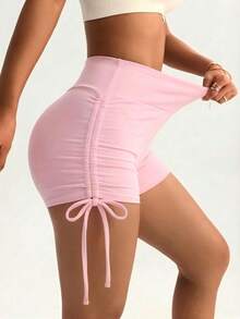 FWH Women's Energetic & Youthful Sports Shorts - High-Waisted Design With Criss-Cross Detail To Flatter The Waistline; Adjustable Drawstring At Leg For Optimized Proportions And Elongated Leg Lines; Slim-Fit Tailoring To Accentuate Curves; Elastic, Comfortable, Breathable And Moisture-Wicking Fabric, Non-Restrictive; Suitable For Fitness, Daily Outings, Campus, Casual Shopping And Outdoor Activities Summer - Pink - View 3