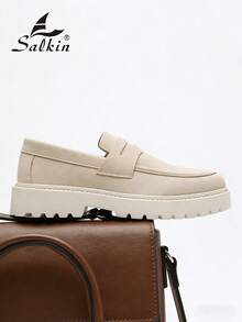 Salkin 奢華設計師男士便錢樂福鞋，正品品牌，純色啞光皮革鞋面，休閒男鞋，適合現代生活的平價奢華，柔軟舒適防滑耐磨鞋底，時尚優雅紳士社交鞋，百搭西裝、學生畢業典禮、大學風格、運動鞋、派對、宴會、節日禮物，春夏秋季男鞋 - 米色 - 查看 11