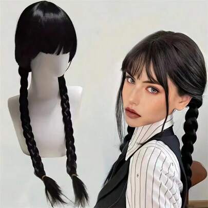 Tóc giả cosplay màu đen, kiểu tết đôi, tóc giả tổng hợp thay thế tóc thật, phụ kiện trang phục Halloween.