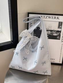 Túi tote vải bố thêu nơ xinh xắn, túi đeo vai dung tích lớn, lý tưởng cho học sinh và đi làm. - Màu xanh lam - Xem 10