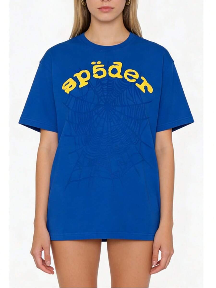 Sp5der Spider Letter Graphic T-Shirt , Hip Hop Streetwear Oversized Tee ,Casual Cotton Shirt - 藍色 - 查看 1