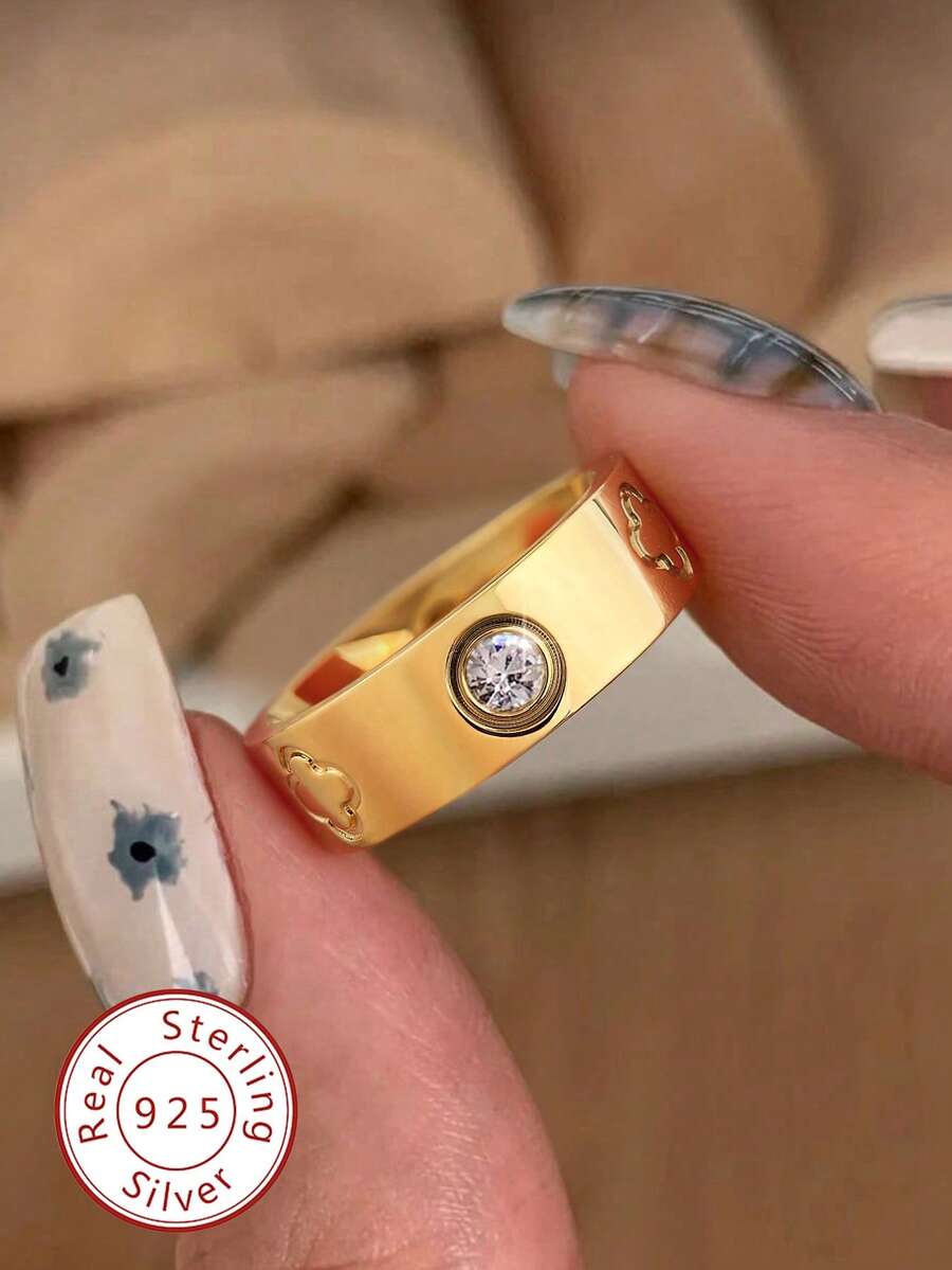 1pc Elegant Four-Leaf Clover Diamond 925 Sterling Silver Women's Delicate Ring, Jewelry Gift, Birthday Gift, Dating Essential - Four-leaf Clover Diamond Ring - View 1