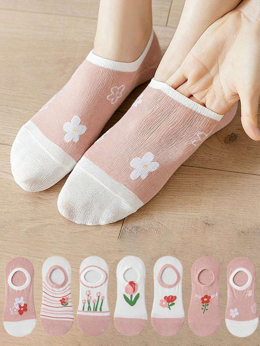 7双装女士薄款透气舒适短袜，花卉图案可爱时尚百搭，适合春夏日常穿着