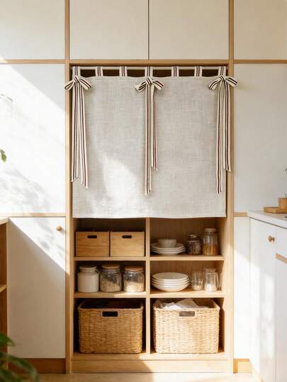 1PC Japanese-Style Beige Linen Curtain, Privacy Curtain,Cute Hand-Tied Bow Decoration. Small Window Curtains For Kitchens,Apartment Kitchen Drapes,Easy To Install And Machine Washable Half Curtains