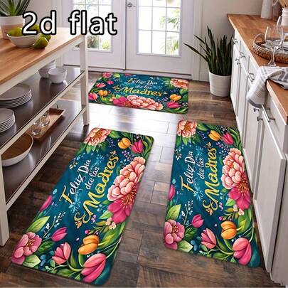 1pc/2pcs/3pcs Pink Peony & Green Leaf Pattern Kitchen Rug, Welcome Mat Set, Front Door Home Decor, Kitchen, Bathroom, Dining Mat With Blue Background, Multi-Functional Indoor/Outdoor Rug, Machine Washable, Absorbent Bathroom Mat