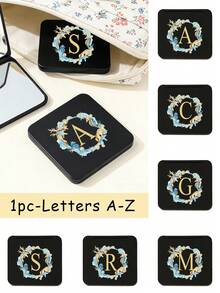Fashionable Black Square Mirror Printed With Ocean-Themed Wreaths And The Initials A-Z, Portable Folding High-Definition Double-Sided Pocket Mirror, Suitable For Carrying Handbags, Wear-Resistant , Lightweight And Portable, Pocket Mirror, Mini Makeup Mirror, New Design, Travel Accessories, Suitable For Both Men And Women - Mirror - View 1