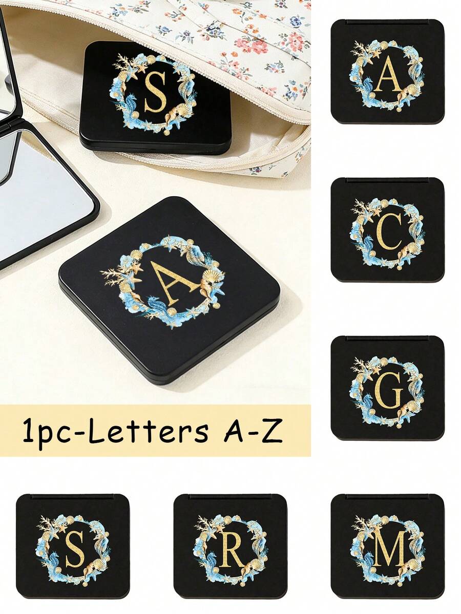 Fashionable Black Square Mirror Printed With Ocean-Themed Wreaths And The Initials A-Z, Portable Folding High-Definition Double-Sided Pocket Mirror, Suitable For Carrying Handbags, Wear-Resistant , Lightweight And Portable, Pocket Mirror, Mini Makeup Mirror, New Design, Travel Accessories, Suitable For Both Men And Women - Mirror - View 1