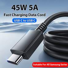 45W 5A 双 USB-C 快充线，兼容三星 S20、S21 FE、S22 Plus、S23、S24 Ultra、Note20、A33、A53、A55、Z Flip 6，支持 Type-C 到 Type-C 高速数据传输 - 黑色 - 查看 2