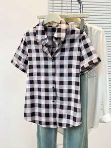 Chemise à carreaux à manches courtes et col pour femmes - Chemise à carreaux classique noir et blanc, convient pour le bureau, le travail, la maison et le port quotidien, printemps/été/automne - Noir et Blanc - Voir 5