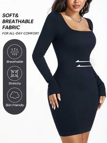 Women's Ribbed Long Sleeve Elegant Square Neck Tummy Control Stretch Basics Bodycon Mini Dress - Black - View 3