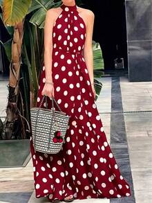 波点波西米亚风优雅休闲腰带荷叶边吊带连衣裙（女款） - 紅色 - 查看 3