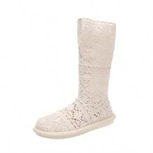 女士时尚休闲钩编面料镂空拉链中筒平底凉鞋 - 杏色 - 查看 1