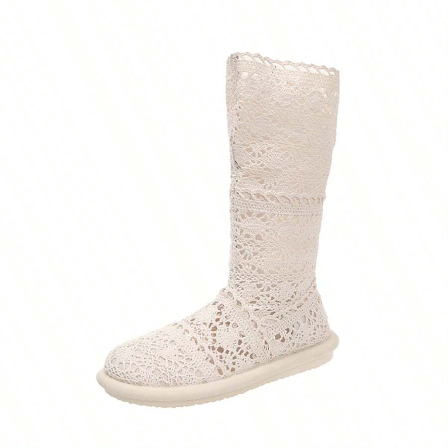 女士时尚休闲钩编面料镂空拉链中筒平底凉鞋 - 杏色 - 查看 1