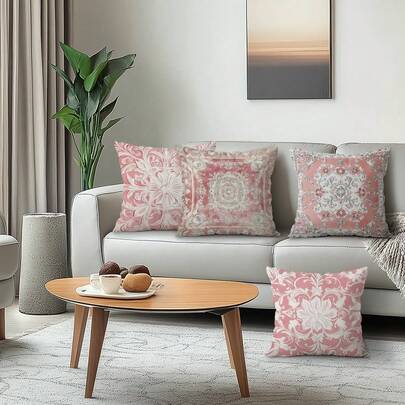 4pcs Bohemian Style Peach Velvet Single-Sided Printed Pillow Covers, 100% Polyester, Living Room Sofa Bedroom Decor, Cushion Covers Only, 40x40cm/45x45cm/50x50cm