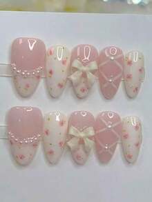 10pcs Floral Faux Pearl French Almond Short Nails, Y2K Girly Cute Bowknot Ballet Style Simple Versatile Handmade Wearable Nail Tips, Suitable Daily Wear, Press-On Nail Accessories Women Nail Supplies Handmade Press On Nails - 彩色 - 查看 3