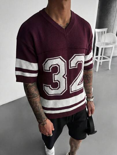 كنزة صوفية بنمط كلاسيكي مقاس 7، بتصميم ملون باللونين الأحمر والأبيض، بنمط بريبي ناعم اللمس، بتصميم فضفاض وواسع الكتف بطراز شارع عصري، مناسبة للارتداء في الصيف والخريف