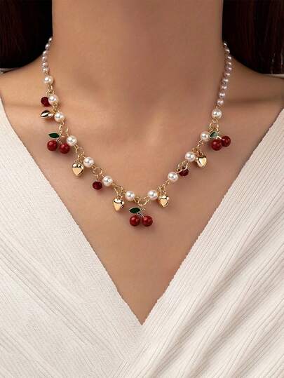 1pc Pearl Necklace With Cherry Pendant