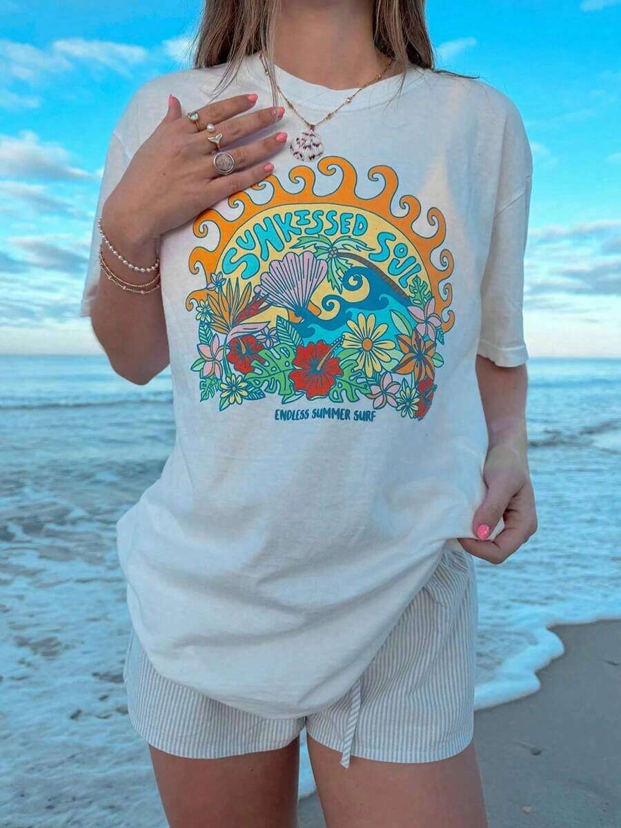 Summer TopsWomen Y2k Oversized Graphic Tees Floral Print Short Sleeve Crewneck T Shirts Loose Fit Summer Tops For Teen Girls Aesthetic Clothes 2000s Beach Shirts For Women StreetwearLoose And Comfortablesummer Clothes Summer Outfits For Women - 彩色 - 查看 1