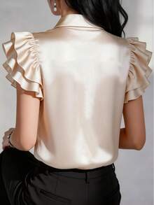 Women's Elegant Satin Short Sleeve Blouse With Ruffle Shoulder Detail And Classic Collar Summer - Apricot - View 3