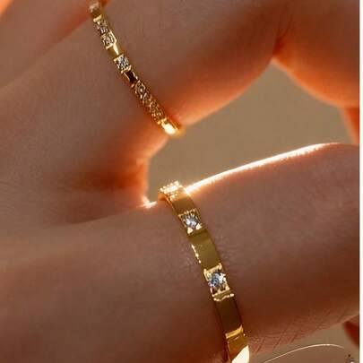 2pcs/Set Women's Popular Fashion Creative Rhinestone Minimalist Stainless Steel Rings, Non-Fading, 18K Gold Plated, Suitable For Daily Wear, Parties, Gifting To Friends And Family, Also Suitable For Christmas, Valentine's Day, Mother's Day And Other Holidays